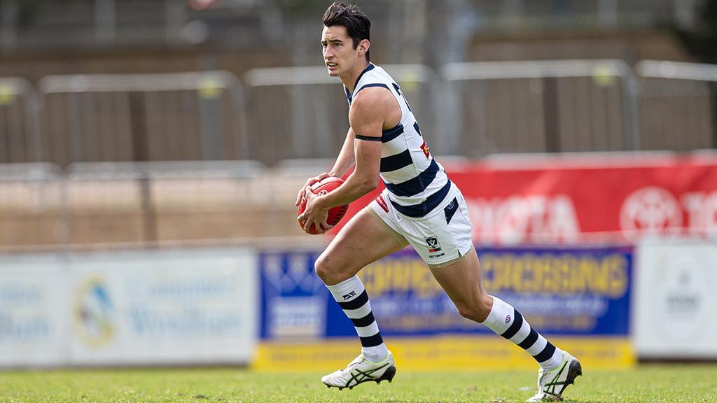 2019_08_18_VFL_HERO.jpg Sam Simpson drives the ball inside 50 for the Cats. - Geelong Cats